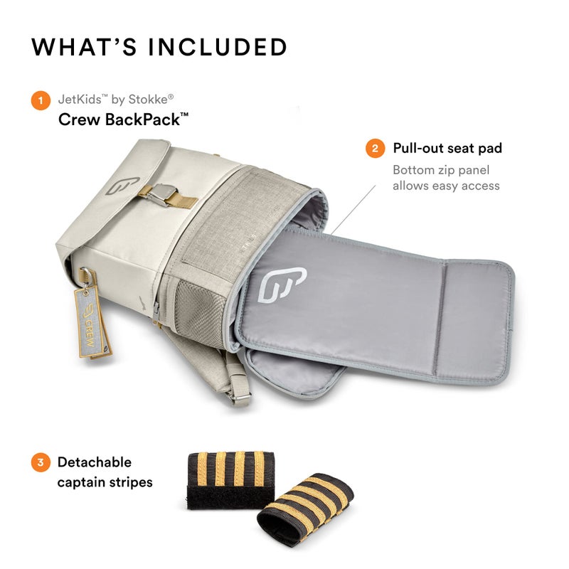 STOKKE JetKids Stokke BackPack, White - Expandable Design for Kids 2-7 Years Old - Easy-to-Clean, Water Repellent Fabric - Includes Pull-Out Seat Pad, Name Tag & Detachable Captain Stripes - Image 3